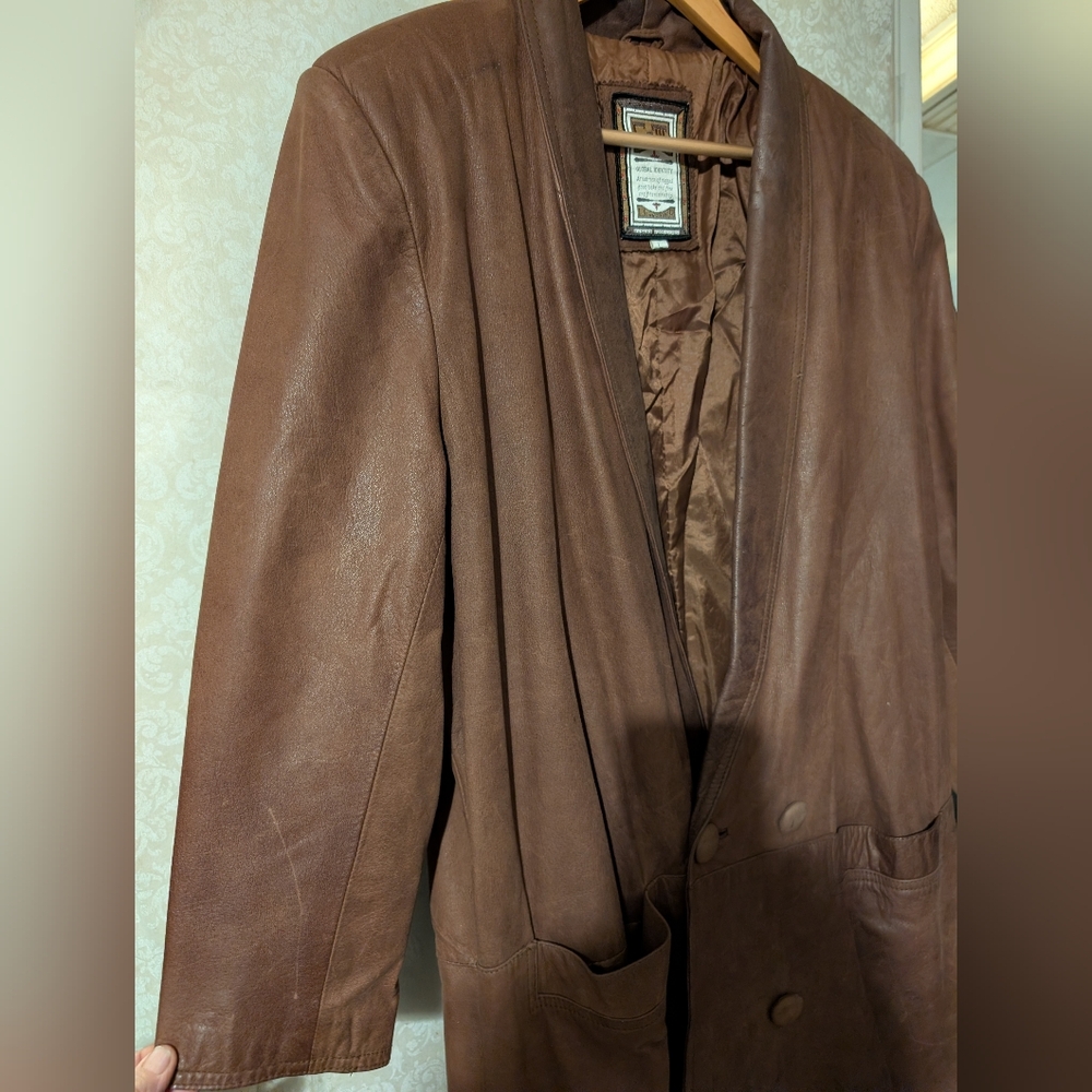 G111 Vintage Brown Leather Trench Coat 80s - Picture 4 of 16